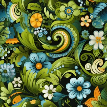 Handmade paisley pattern of bright flowers on black background (tiled)