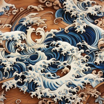 The Great Wave depicted on a wooden background with intricate details (tiled)