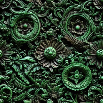 Green decorative wallpaper with various flowers and details resembling sculptural reliefs (tiled)