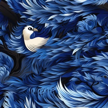 Abstract illustration of a blue bird perched amidst white feathers (tiled)