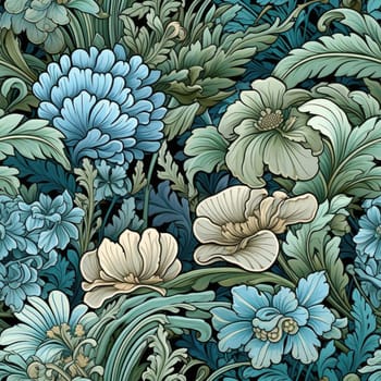 Vintage floral pattern with blue and green flowers, reminiscent of colorful fantasy realism (tiled)