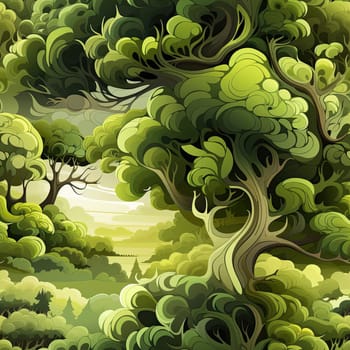 Cartoon forest with trees and leaves featuring hyper-detailed illustrations and dramatic shading