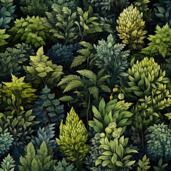 Foliage seamless pattern with various green flowers (tiled)