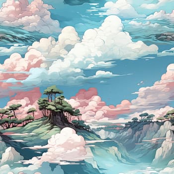 Anime-inspired illustration of clouds in a whimsical landscape (tiled)