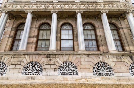 Balcony at Dolmabahce Palace, or Dolmabahce Sarayi, located in Besiktas district on the European coast of the Bosporus, main administrative center of the Ottoman Empire formerly, Istanbul, Turkey
