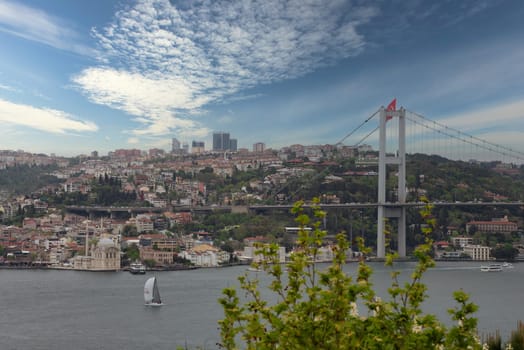 Aerial morning shot of Istanbul city from Fethi Pasha Grove overlooking Bosphorus strait, with Bosphorus Bridge, or Bogazici Koprusu, connecting Europe and Asia, Istanbul, Turkey