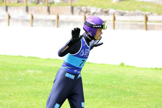 Raimund Philipp (SC Oberstdorf) after landing during a dry run with his arms for the feeling of flying at the summer course DSV ski jumper Hinterzarten 2023