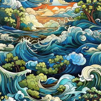 Seamless pattern of trees, ocean, and waves in vibrant colors (tiled)