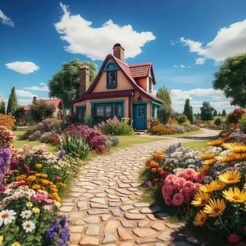 3D scenery of a lovely cottage in a park with flower-filled paths