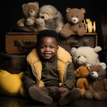 Boy surrounded by teddy bears in black and gold style