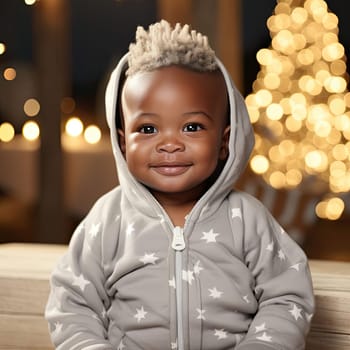 Baby smiling at Christmas tree in bronze and gray style