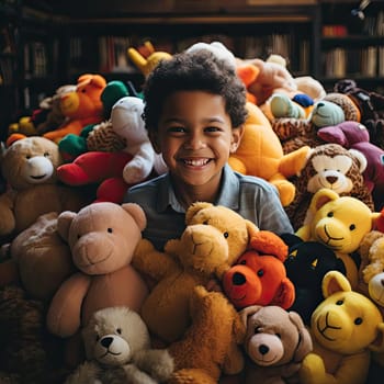 Boy playing with stuffed animals in vibrant colorism style