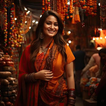 Girl in orange sari smiling in the street