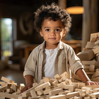 Happy boy playing with wooden blocks