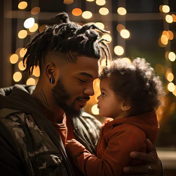Father holding daughter with warm lighting and distinctive style