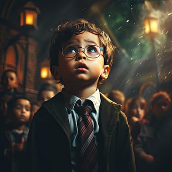 Curious child with glasses looking up with wonder, in a school building with firework lights