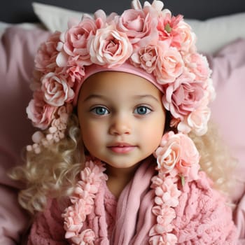 Child wearing pink flower crown on a bed