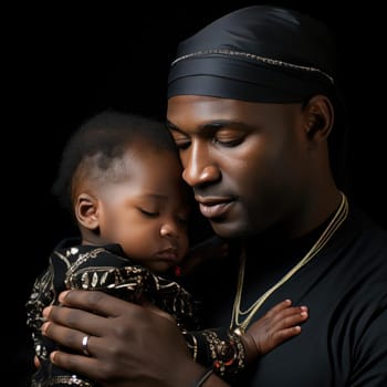Man holding his baby against a black background