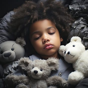 Sleeping child with stuffed animals in soft-focus portraits