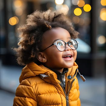 Little girl confidently strolling the street with glasses, embraced by vibrant colors