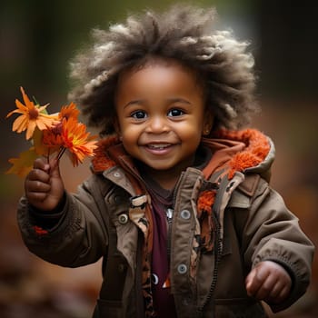 Little boy with fall leaves and vibrant colors, radiating joy