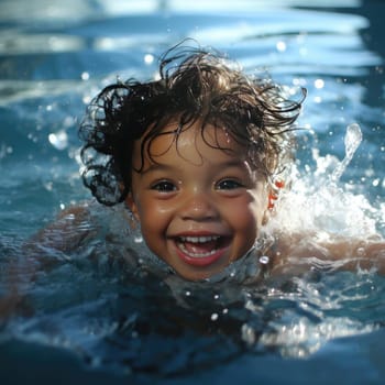 Young child in a pool, smiling and enjoying the water