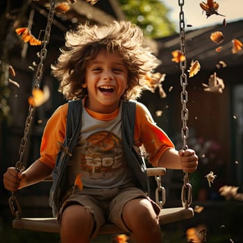 Boy swinging with butterflies around him, in playful celebration of nature