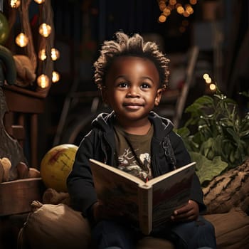 Young boy immersed in a book, surrounded by soft lighting and festive atmosphere