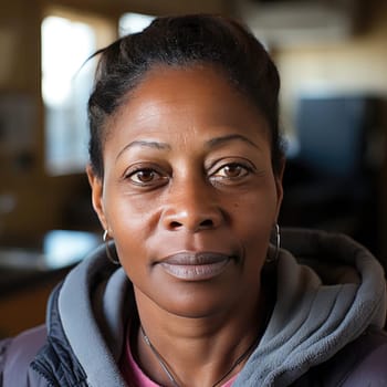 Woman in a gray jacket, with brown eyes