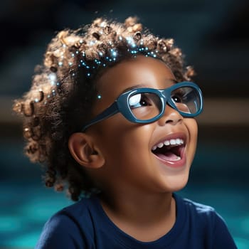 Happy child with glasses laughing by a pool