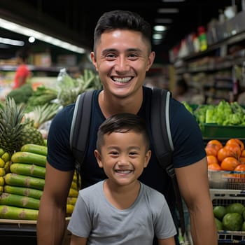 Man and boy in a vibrant fruit market