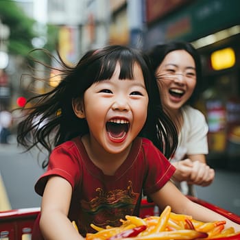 Smiling Asian girl in a red cart
