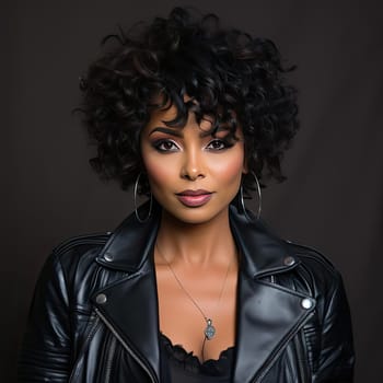 Woman with coiled curls and leather jacket