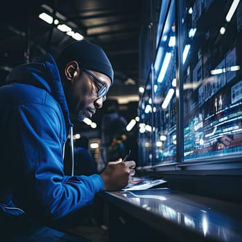 Worker in a factory, exploring race and technology