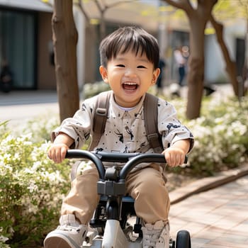 Smiling boy riding a bicycle, capturing lively movement