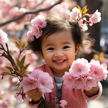Little girl smiling and enjoying cherry blossoms in the park