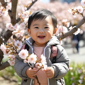 Toddler standing beside a cherry blossom tree with a joyful smile