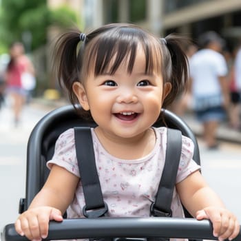 Smiling girl in a stroller in the city