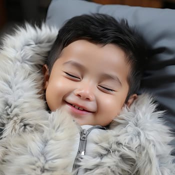 Boy sleeping on fur with cute smile, in contemporary Asian art style