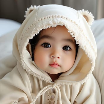 Baby girl in bear hoodie with low depth of field