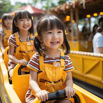 Three Asian girls riding a roller coaster, filled with joy in the amusement park