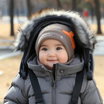 Baby bundled up in winter attire with a beanie and coat
