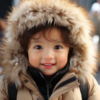 Small child in a white furry jacket with expressive faces