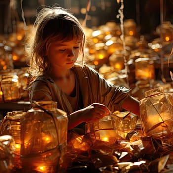 Young girl making lanterns with candles in golden light