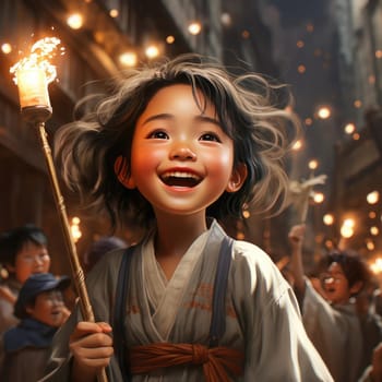 Little girl holding torch in festive Asian city
