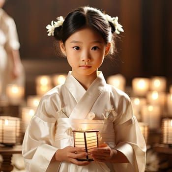 Young girl in a white costume in front of two candles, with ethereal qualities