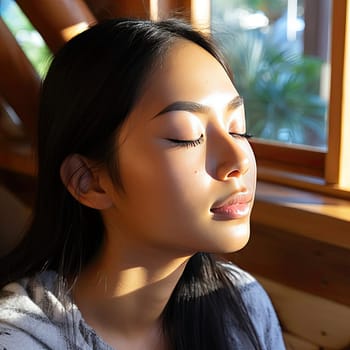 Beautiful woman with closed eyes sitting by a window
