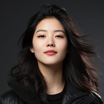 Young Asian woman with black jacket and red lips