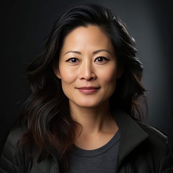 Asian woman wearing a jacket in a studio portrait