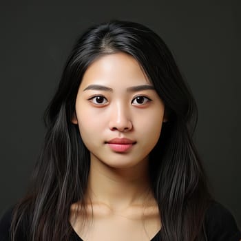 Beautiful Asian woman with dark hair posing against a dark background